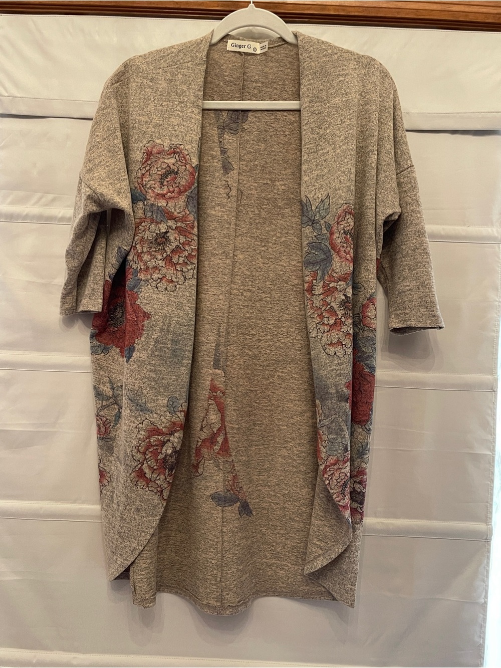 Ginger G Taupe Open Cardigan with Rose and Blue Floral Print